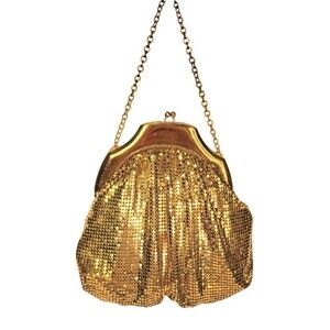 Vintage 40s 50s Whiting Davis Rose Gold Mesh Metal Frame Engraved Chain Handbag